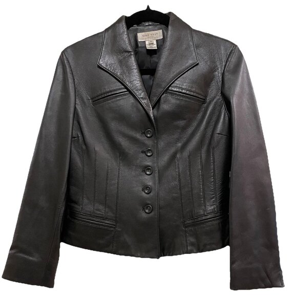 VTG NINE WEST Black Leather Long Sleeve Blazer Jacket Sz MP - Picture 1 of 6